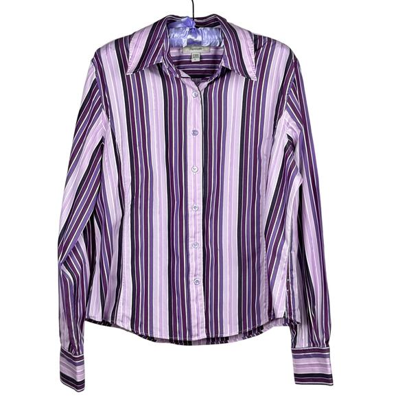 Faconnable Women's Striped Button Up Long Sleeved Shirt Size L Purple Cotton - Picture 1 of 8